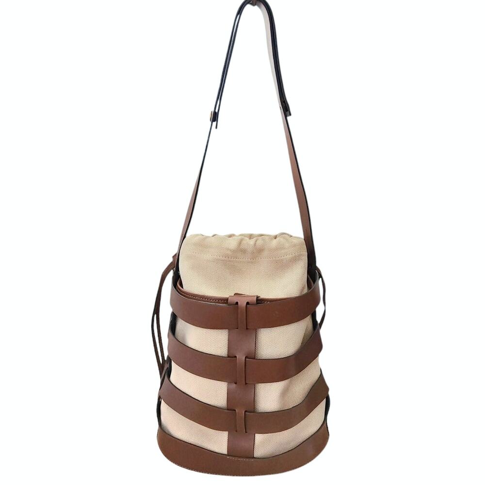 TRADEMARK Hesse caged leather canvas pouch bucket shoulder bag statement purse